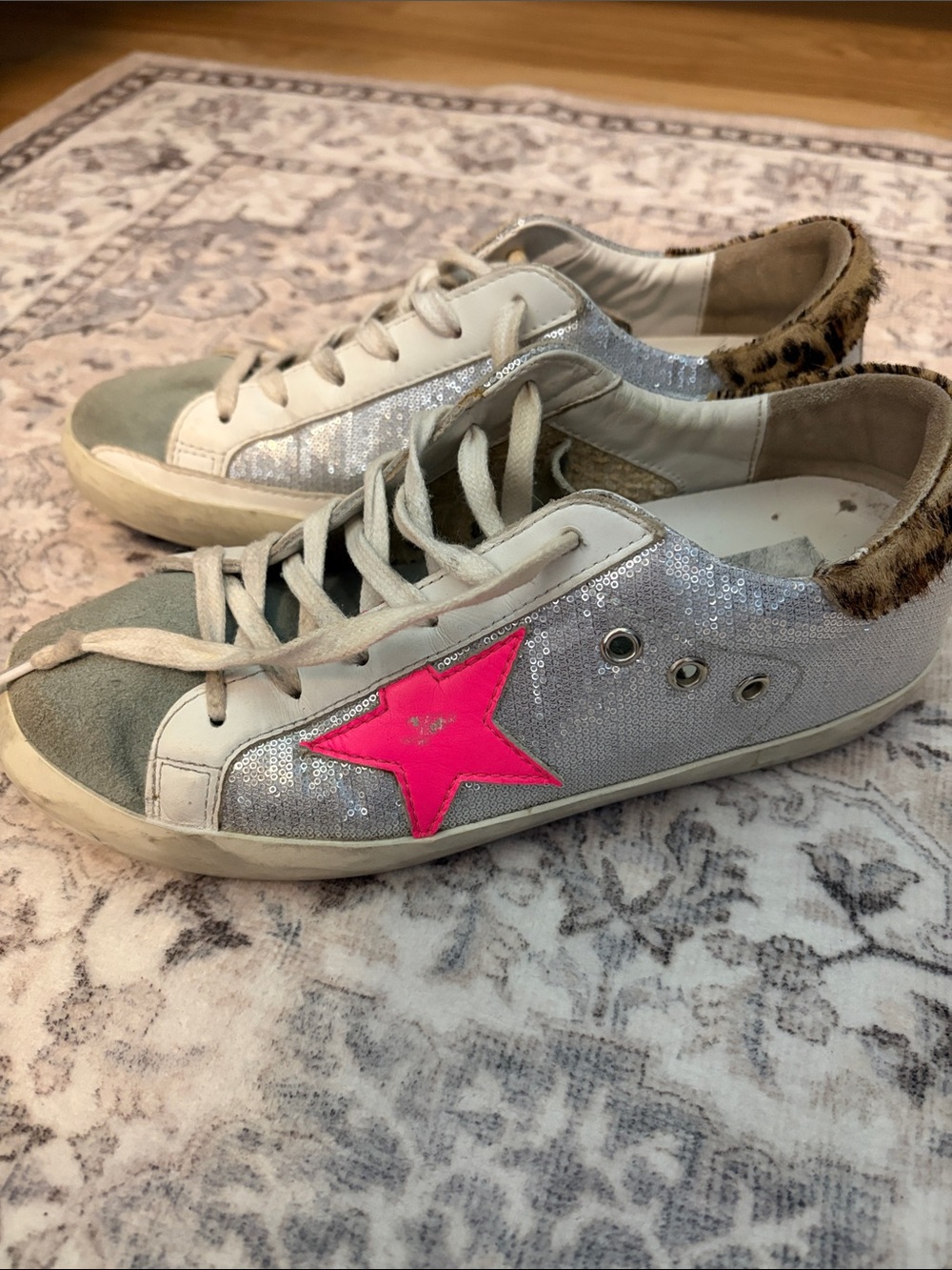 Golden Goose Women's Silver Sequin Sneakers with Hot Pink Star and Leopard Heel